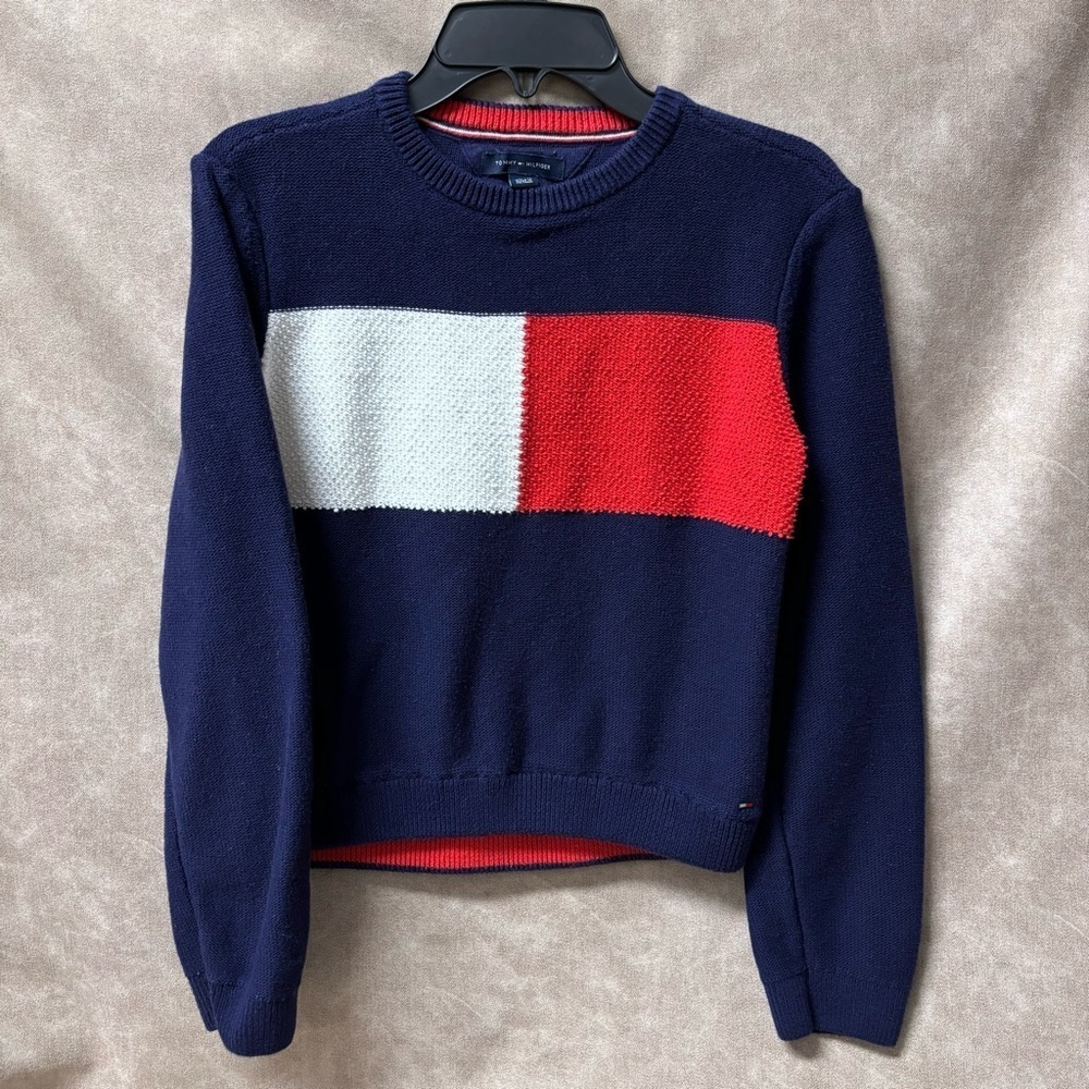 Tommy Hilfiger girls navy logo color black sweater Sz (L) 12-14